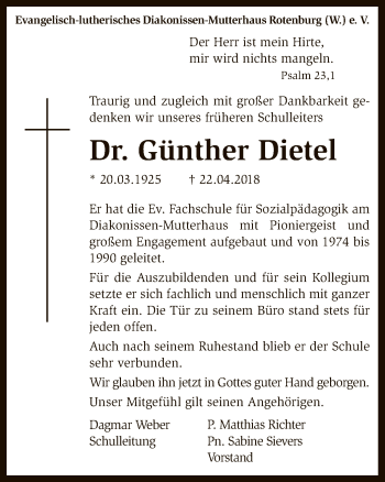 Traueranzeige von Günther Dietel von SYK