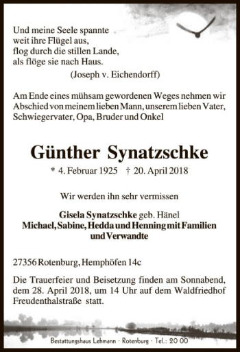 Traueranzeige von Günther Synatzschke von SYK