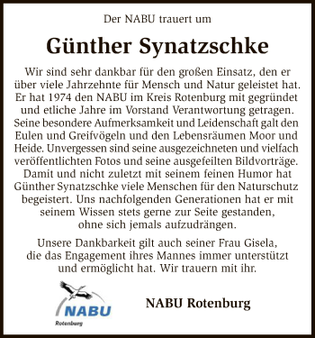 Traueranzeige von Günther Synatzschke von SYK