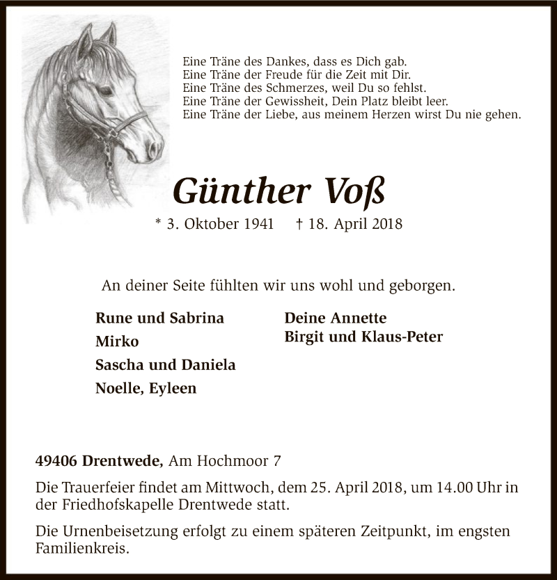  Traueranzeige für Günther Voß vom 21.04.2018 aus SYK