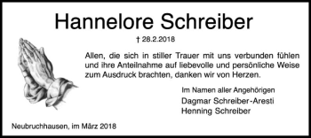 Traueranzeige von Hannelore Schreiber von SYK