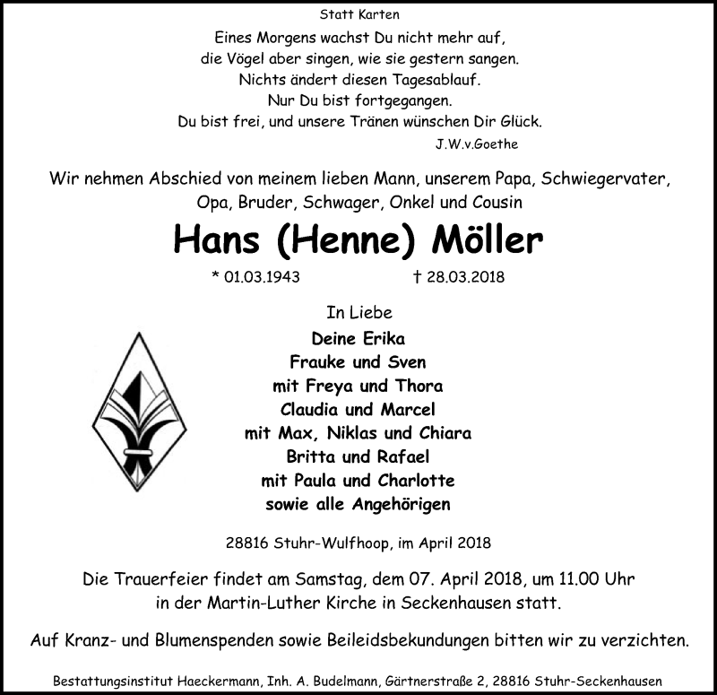  Traueranzeige für Hans  Möller vom 03.04.2018 aus SYK