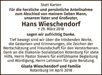 Traueranzeige von Hans Wieschendorf von SYK