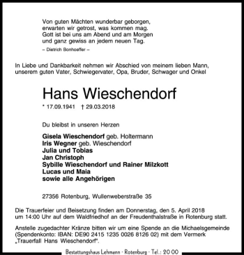 Traueranzeige von Hans Wieschendorf von SYK