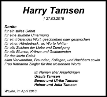 Traueranzeige von Harry Tamsen von SYK