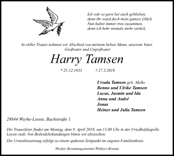 Traueranzeige von Harry Tamsen von SYK