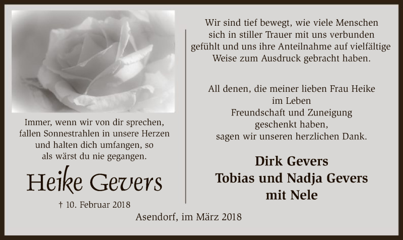  Traueranzeige für Heike Gevers vom 31.03.2018 aus SYK