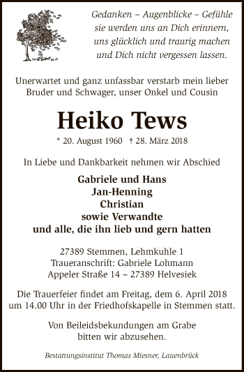 Traueranzeige von Heiko Tews von SYK