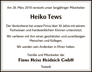 Traueranzeige von Heiko Tews von SYK