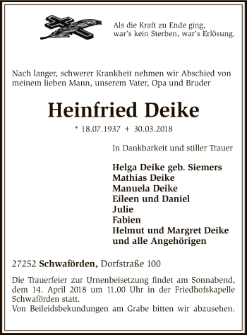 Traueranzeige von Heinfried Deike von SYK