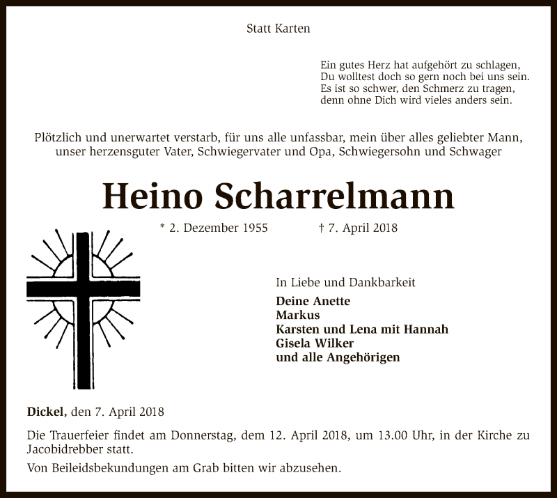  Traueranzeige für Heino Scharrelmann vom 10.04.2018 aus SYK