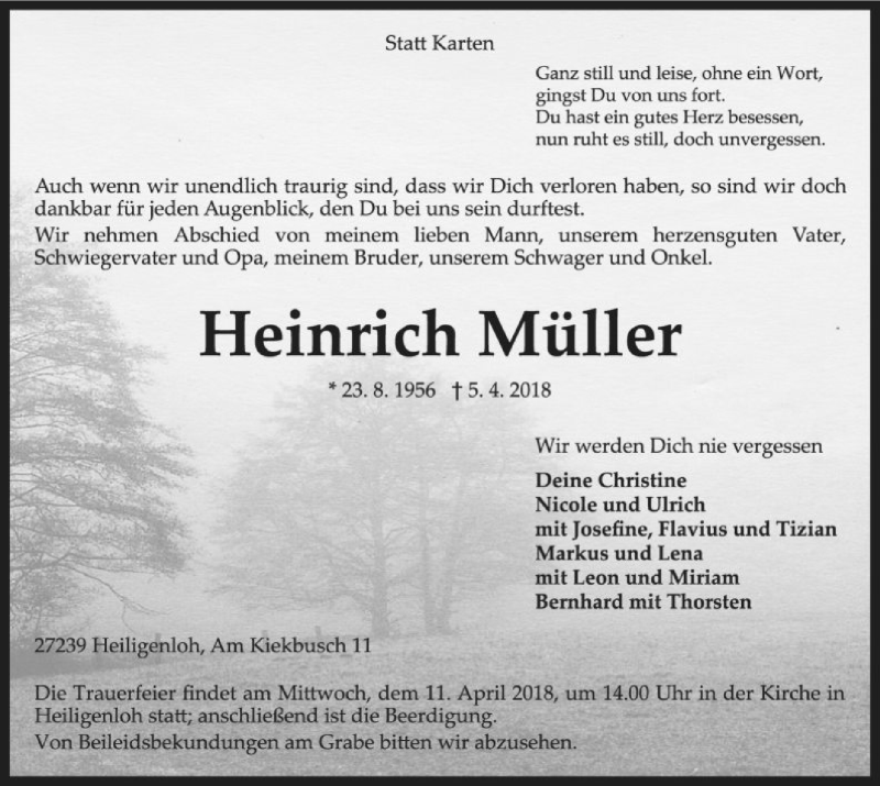  Traueranzeige für Heinrich Müller vom 09.04.2018 aus SYK