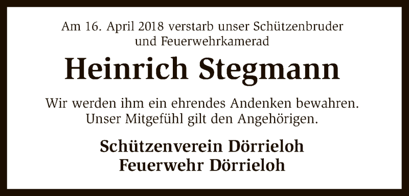  Traueranzeige für Heinrich Stegmann vom 21.04.2018 aus SYK