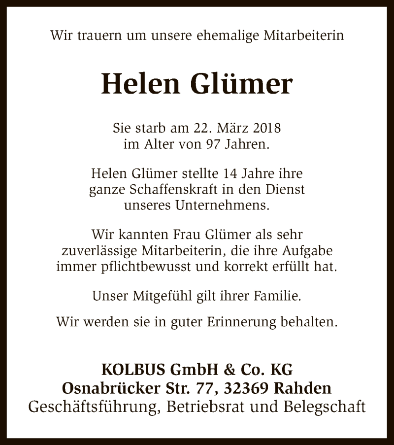  Traueranzeige für Helen Glümer vom 09.04.2018 aus SYK