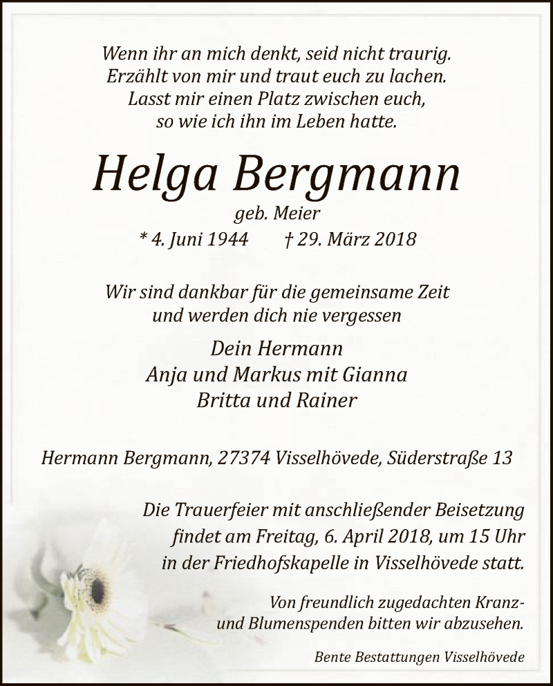  Traueranzeige für Helga Bergmann vom 04.04.2018 aus SYK