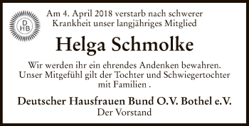 Traueranzeige von Helga Schmolke von SYK