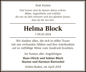 Traueranzeige von Helma Block von SYK