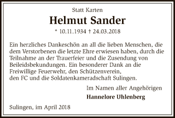 Traueranzeige von Helmut Sander von SYK