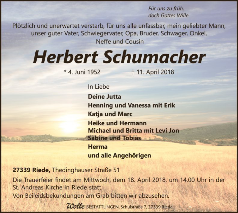  Traueranzeige für Herbert Schumacher vom 14.04.2018 aus SYK