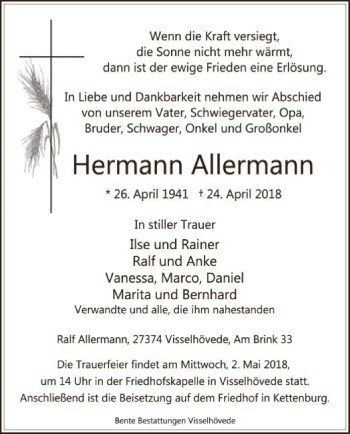 Traueranzeige von Hermann Allermann von SYK