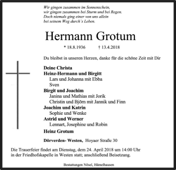 Traueranzeige von Hermann Grotum von SYK