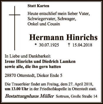 Traueranzeige von Hermann Hinrichs von SYK