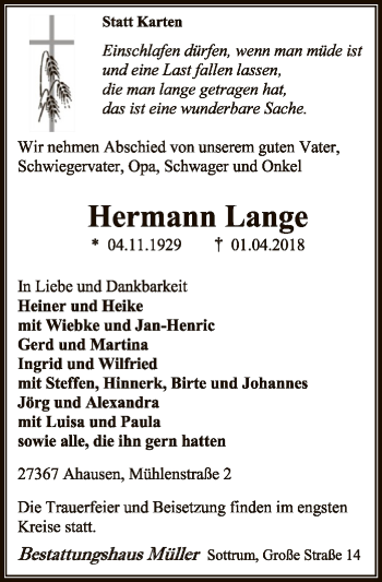 Traueranzeige von Hermann Lange von SYK