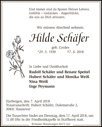 Traueranzeige von Hilde Schäfer von SYK