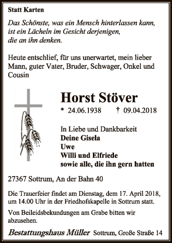 Traueranzeige von Horst Stöver von SYK