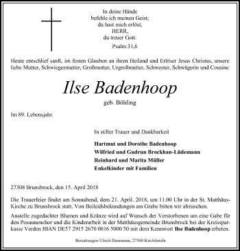 Traueranzeige von Ilse Badenhoop von SYK