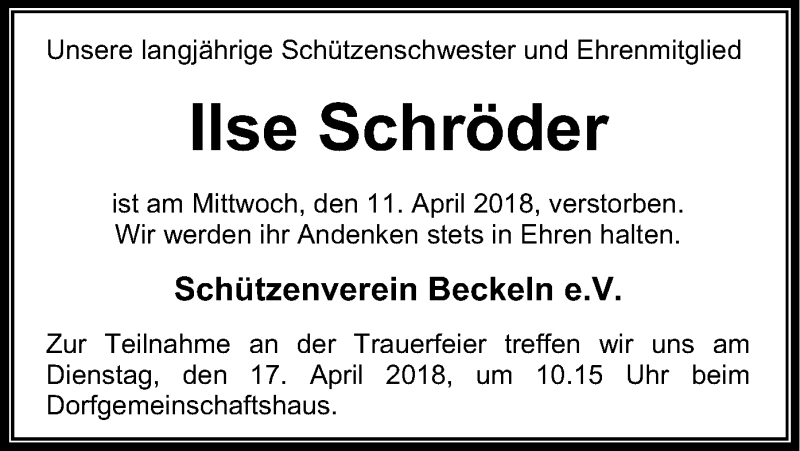  Traueranzeige für Ilse Schröder vom 13.04.2018 aus SYK