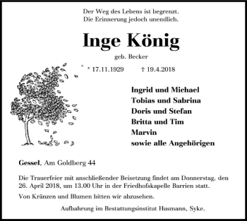 Traueranzeige von Inge König von SYK