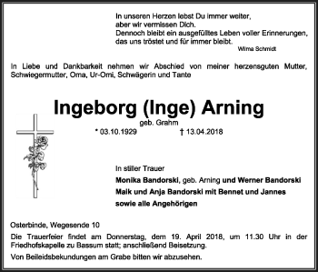 Traueranzeige von Ingeborg Arning von SYK