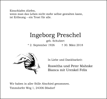 Traueranzeige von Ingeborg Preschel von SYK