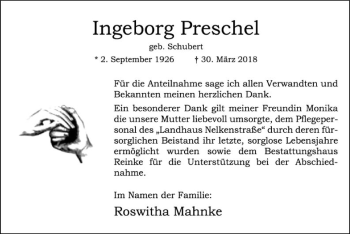 Traueranzeige von Ingeborg Preschel von SYK