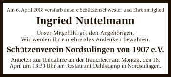 Traueranzeige von Ingried Nuttelmann von SYK