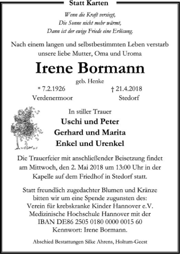 Traueranzeige von Irene Bormann von SYK