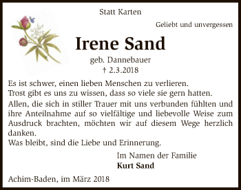 Traueranzeige von Irene Sand von SYK