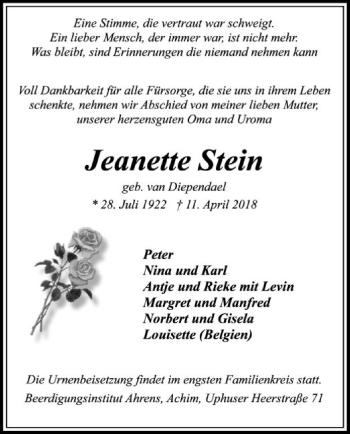 Traueranzeige von Jeanette Stein von SYK