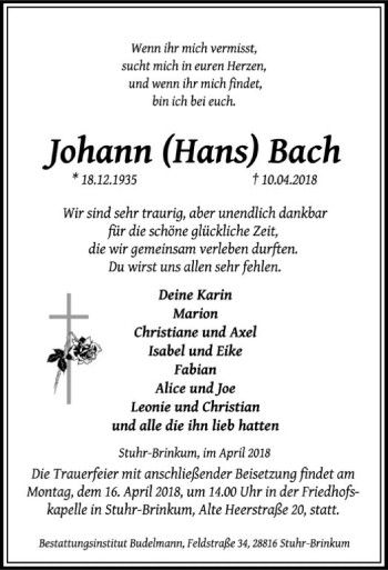 Traueranzeige von Johann Bach von SYK