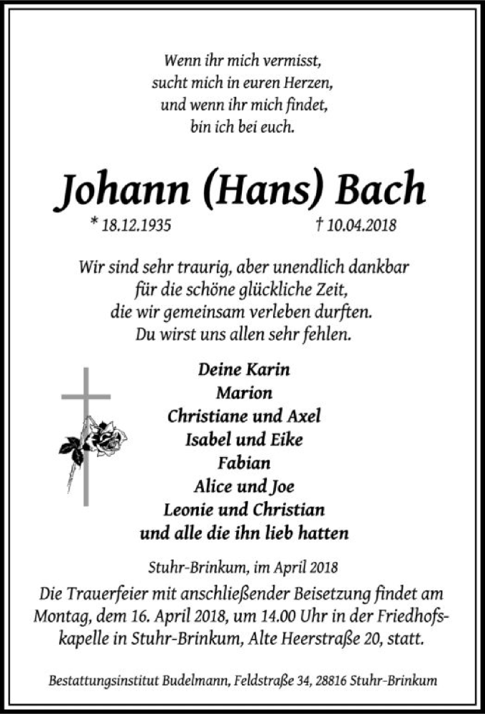  Traueranzeige für Johann Bach vom 14.04.2018 aus SYK