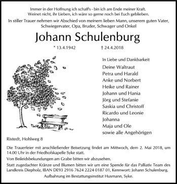 Traueranzeige von Johann Schulenburg von SYK