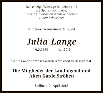 Traueranzeige von Julia Lange von SYK