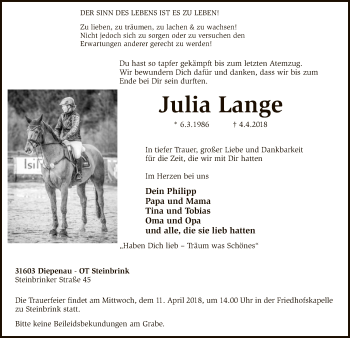 Traueranzeige von Julia Lange von SYK