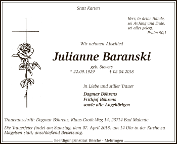 Traueranzeige von Julianne Baranski von SYK