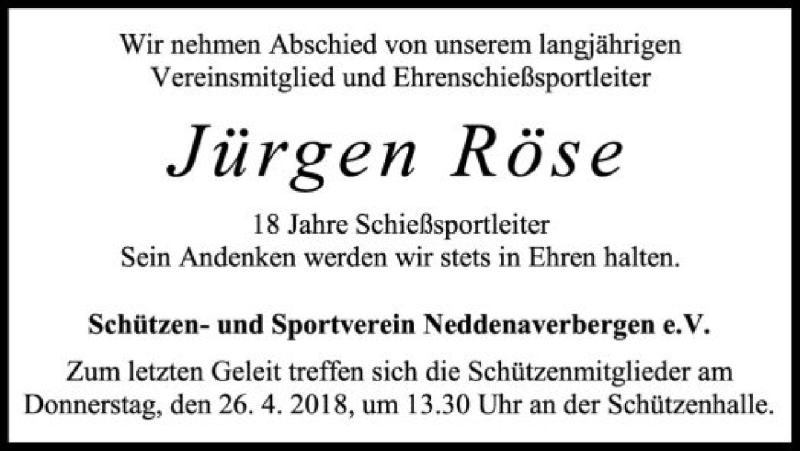  Traueranzeige für Jürgen Röse vom 21.04.2018 aus SYK