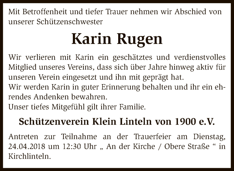  Traueranzeige für Karin Rugen vom 21.04.2018 aus SYK