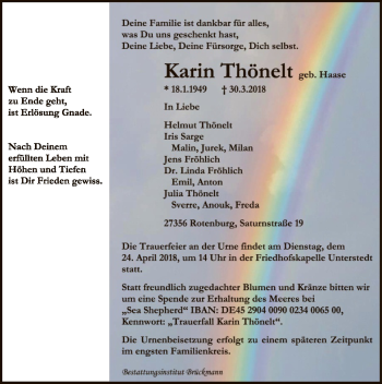 Traueranzeige von Karin Thönelt von SYK