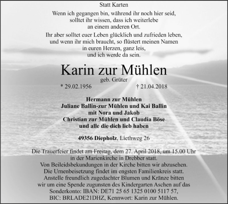  Traueranzeige für Karin zur Mühlen vom 24.04.2018 aus SYK