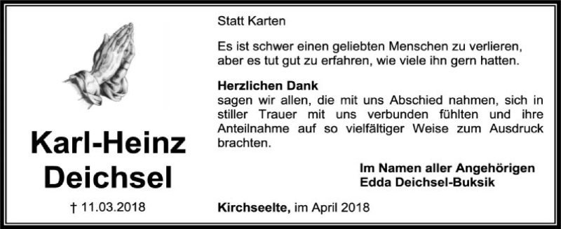  Traueranzeige für Karl-Heinz Deichsel vom 21.04.2018 aus SYK